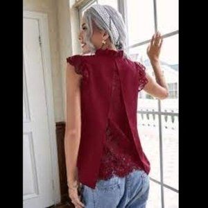 Shein Contrast Lace Notch Neck Blouse